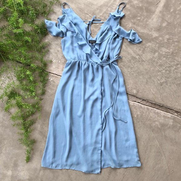 Topshop Dresses & Skirts - Topshop • Blue Cold-Shoulder Ruffle Wrap Dress